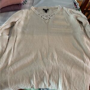 Style & Co. Lace-Up V-Neck Knit Sweater in Cream PXL